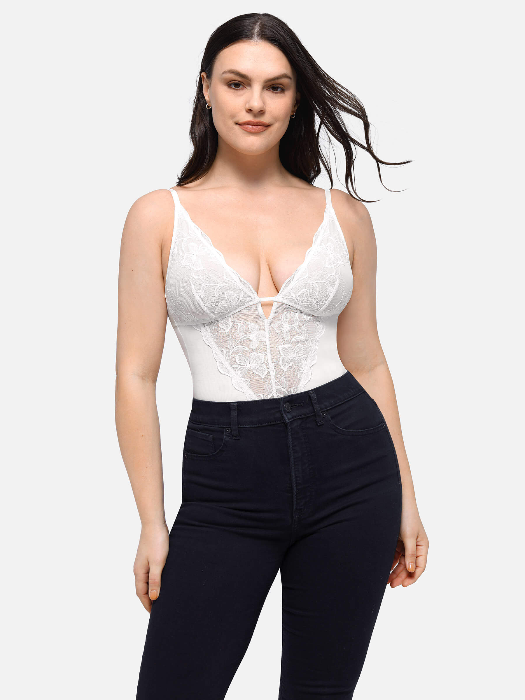 Lace Plunge Sculpt Thong Bodysuit - Image 12