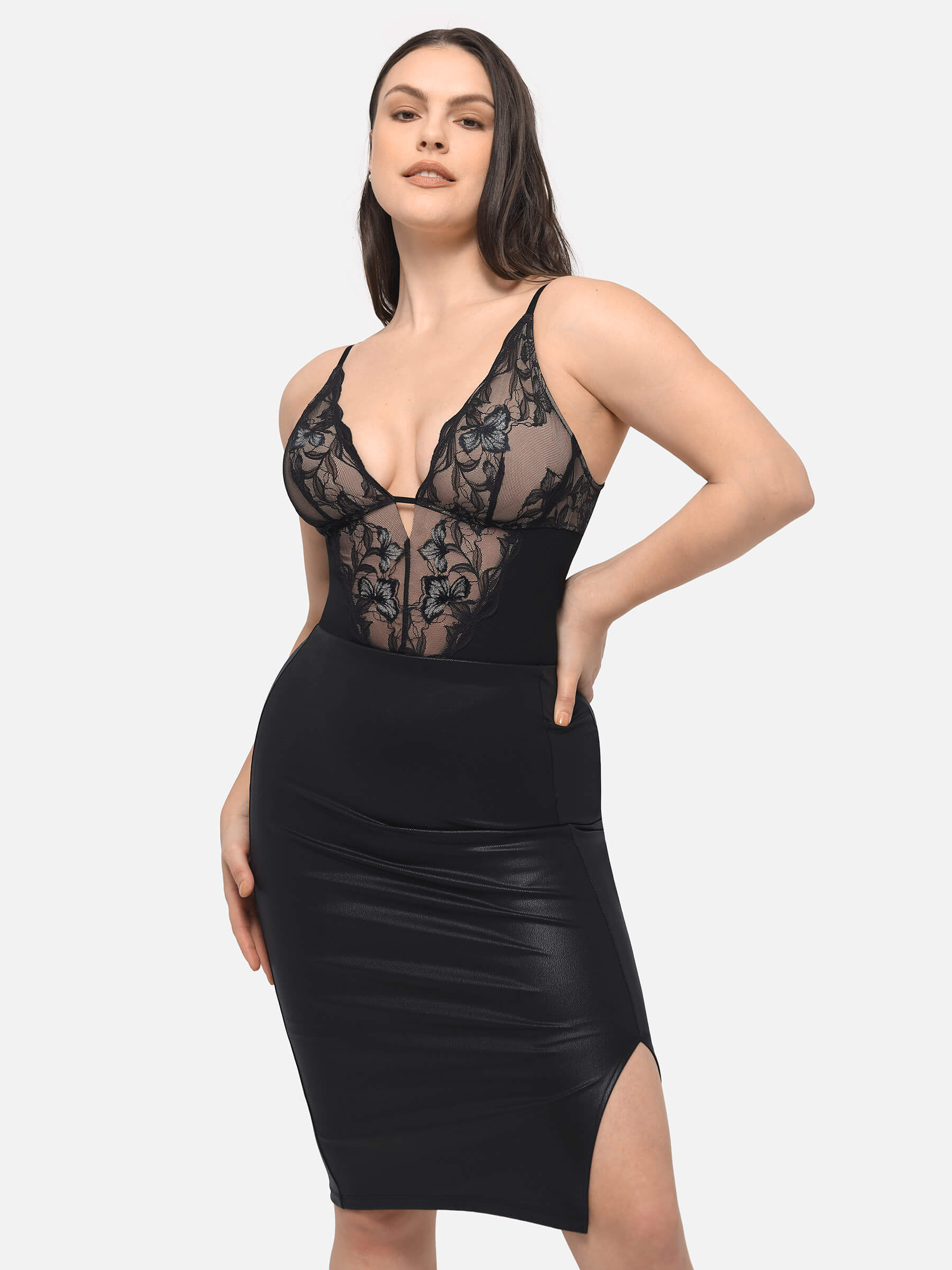Lace Plunge Sculpt Thong Bodysuit - Image 6