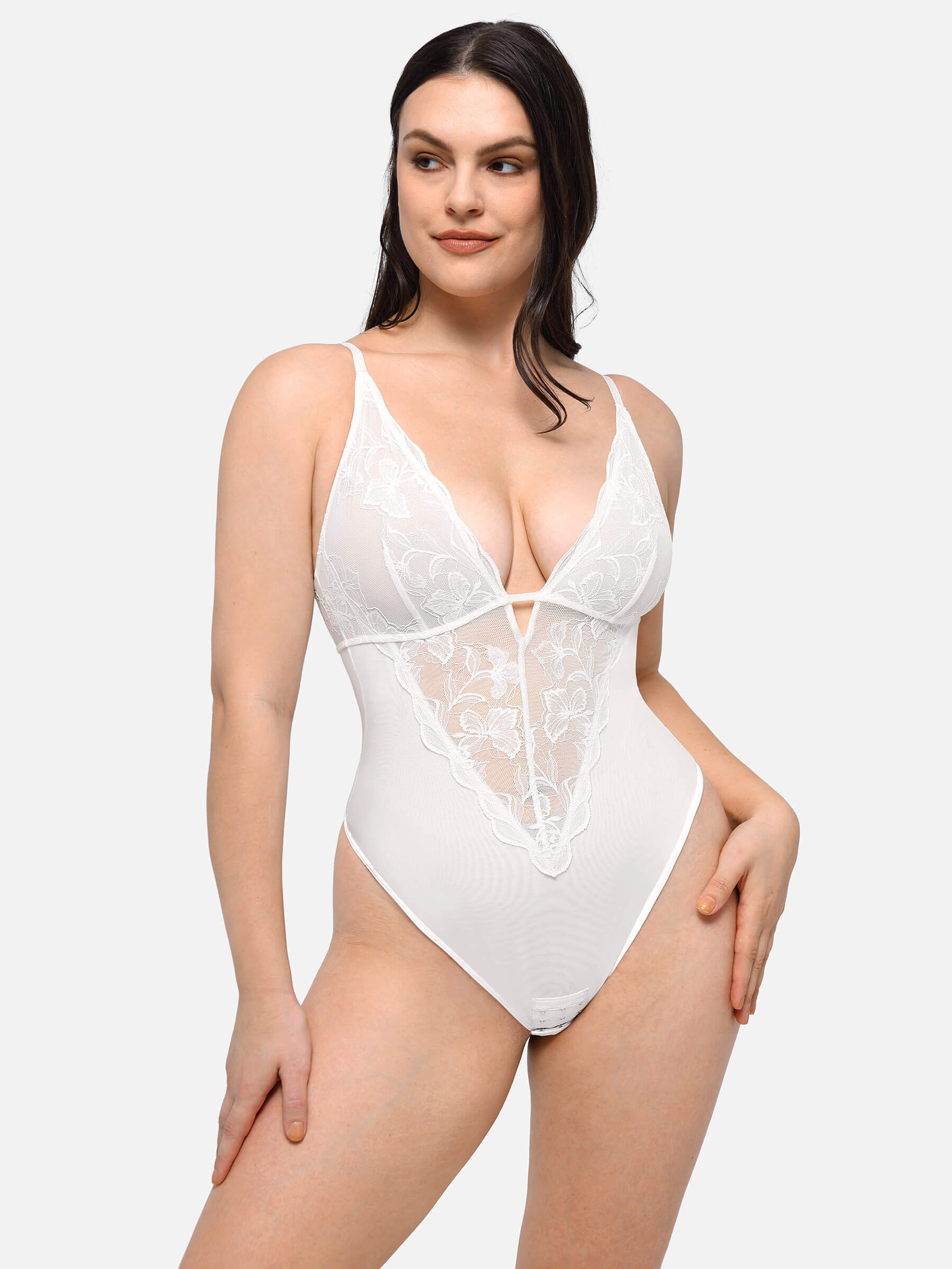 Lace Plunge Sculpt Thong Bodysuit - Image 9
