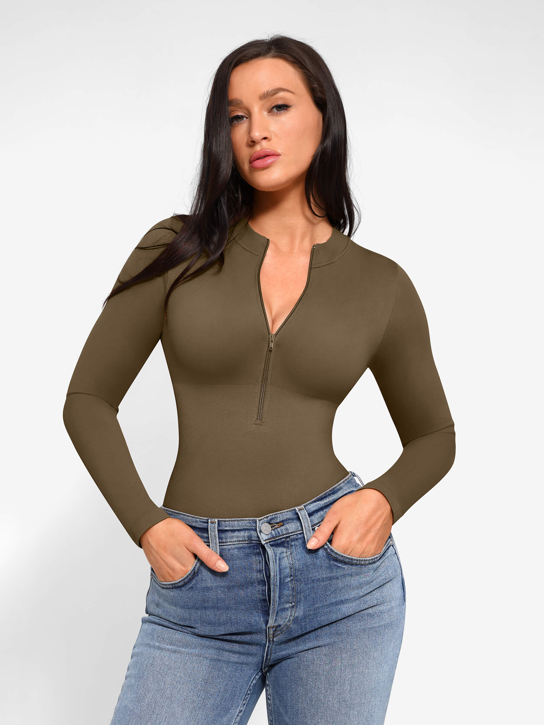 Long Sleeve Zipper Seamless Bodysuit - Image 10